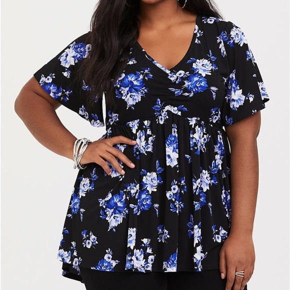 Torrid Studio Knit Black & Blue Floral Cinch Front Babydoll Blouse Top - Picture 1 of 7